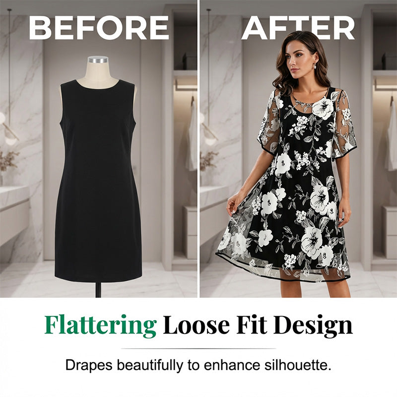 A woman wearing Arenzza's elegant floral print chiffon dress with a flowy silhouette and vibrant floral pattern.