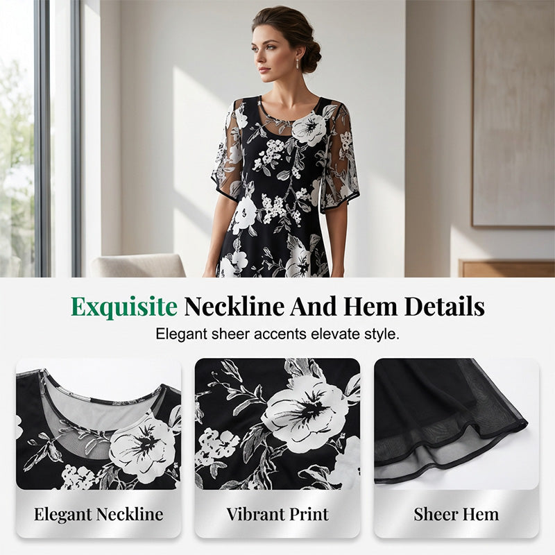 A woman wearing an elegant floral print chiffon dress by Arenzza, showcasing the flowy fabric and vibrant pattern.