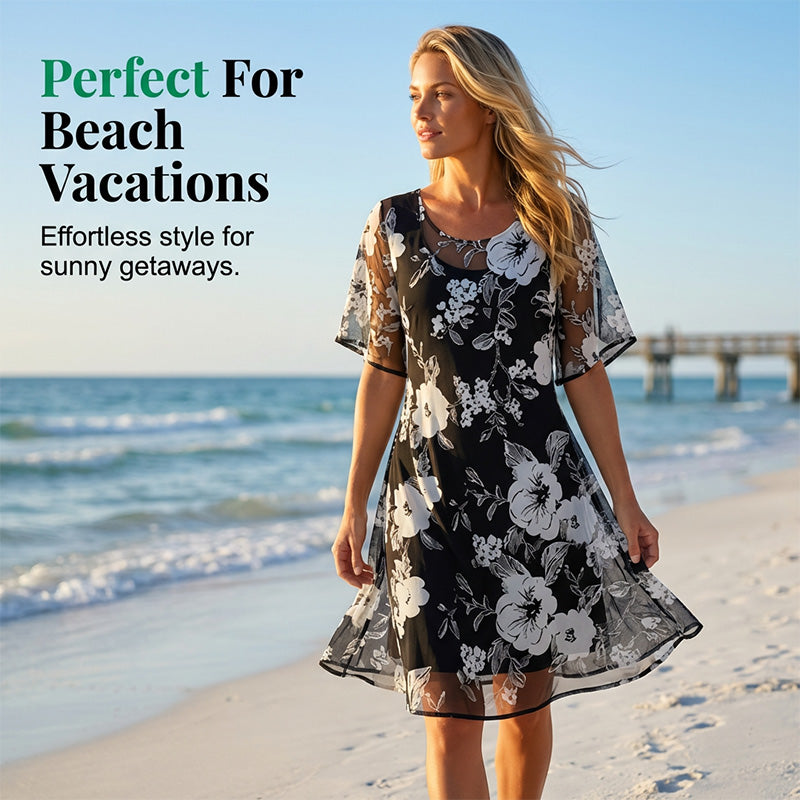 Women's elegant floral print chiffon dress by Arenzza, featuring a flowy design with colorful floral patterns, perfect for stylish occasions.