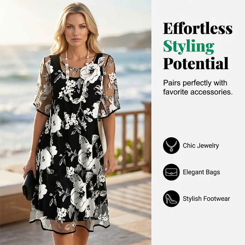 Aarenza women's floral print chiffon dress with elegant design, showcasing lightweight fabric and stylish silhouette for special occasions.