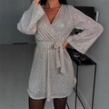 Aarenza women's sparkly V-neck long sleeve dress with waist tie, featuring shimmering fabric and elegant fit for stylish occasions.