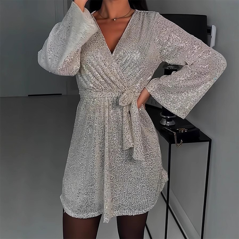 Aarenza women's sparkly V-neck long sleeve dress with waist tie, featuring shimmering fabric and elegant fit for stylish occasions.