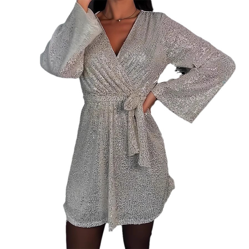 A women's sparkly V-neck long sleeve dress with waist tie by Arenzza, featuring shimmering fabric and elegant fit.