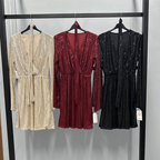Women’s sparkly V-neck long sleeve dress with waist tie by Arenzza, featuring shimmering fabric and elegant fit.