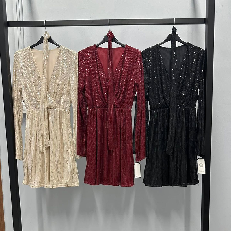 Women’s sparkly V-neck long sleeve dress with waist tie by Arenzza, featuring shimmering fabric and elegant fit.