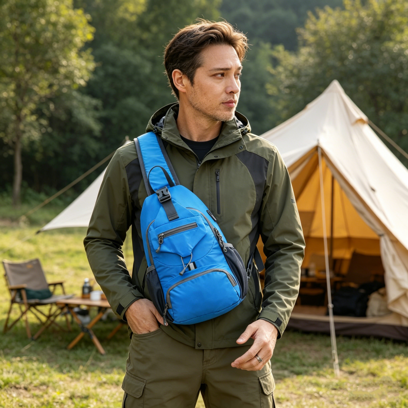A men's outdoor sling crossbody bag by Arenzza with multiple pockets, water-resistant fabric, and breathable back panel.