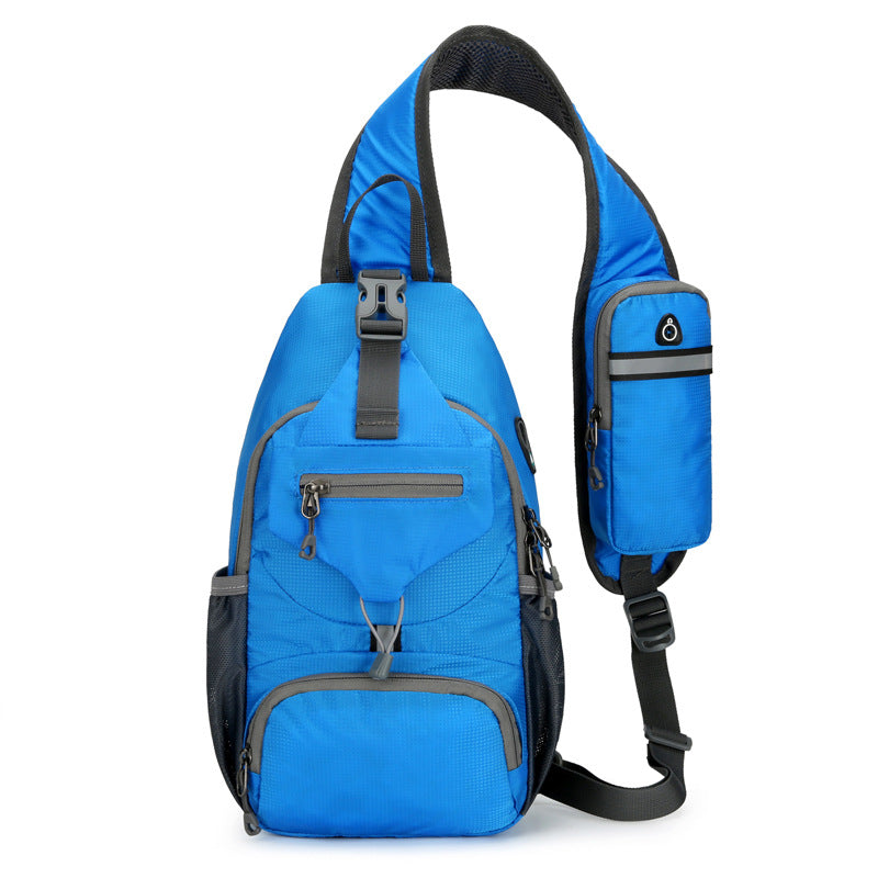 A men's outdoor sling crossbody bag by Arenzza with multiple pockets, water-resistant fabric, and breathable back panel.
