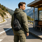 Arenzza men's outdoor sling crossbody bag with multiple pockets, water-resistant fabric, and breathable back panel.