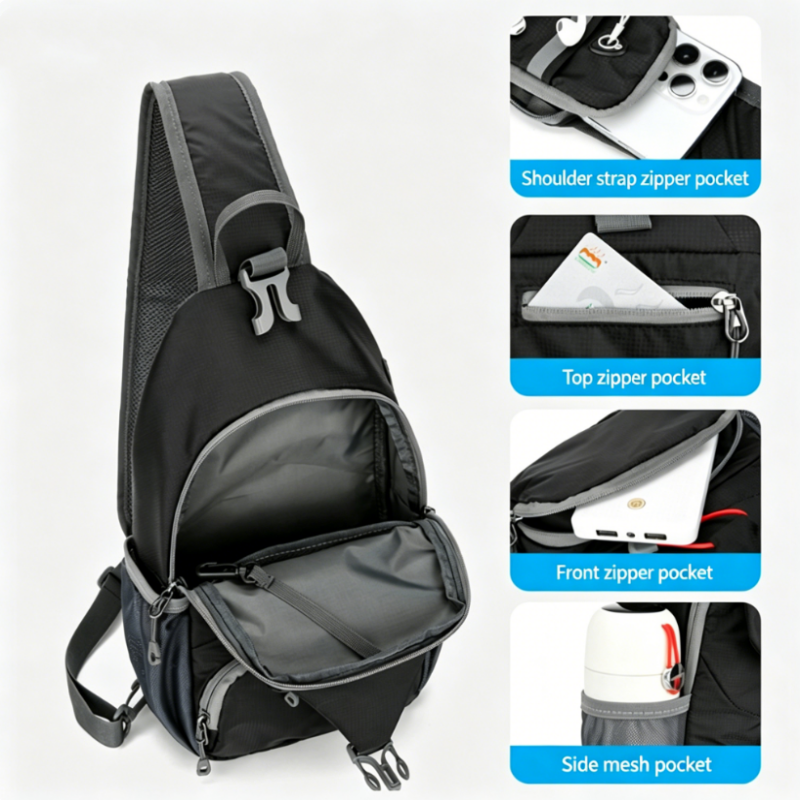 Arenzza men's outdoor sling crossbody bag with multiple pockets, water-resistant fabric, and breathable back panel.