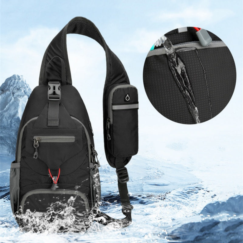 A men's outdoor sling crossbody bag by Arenzza with multiple pockets, water-resistant fabric, and breathable back support.
