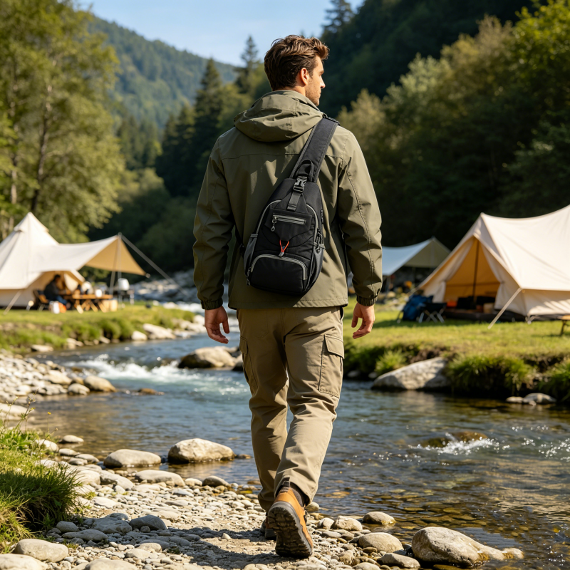 Arenzza men's outdoor sling crossbody bag with multiple pockets, water-resistant fabric, and breathable back panel.