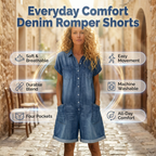 Aarenza women's casual short sleeve denim romper, stylish blue denim jumpsuit perfect for everyday wear, front view.