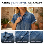 Aarenza women's casual short sleeve denim romper, stylish and comfortable, shown on a hanger with a light background.