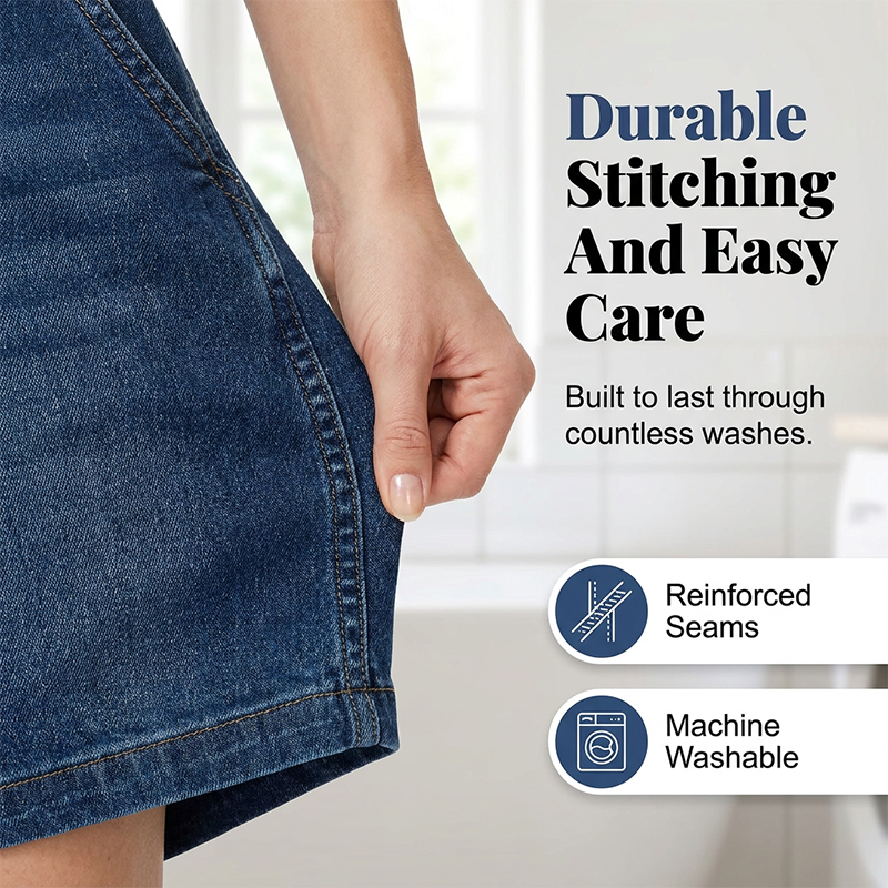 Aarenza women's casual short sleeve denim romper, stylish blue denim clothing for women, laid flat on a white background.