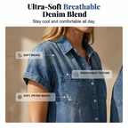 Aarenza women's casual short sleeve denim romper, stylish and comfortable, shown on a model with a relaxed fit and classic denim wash.