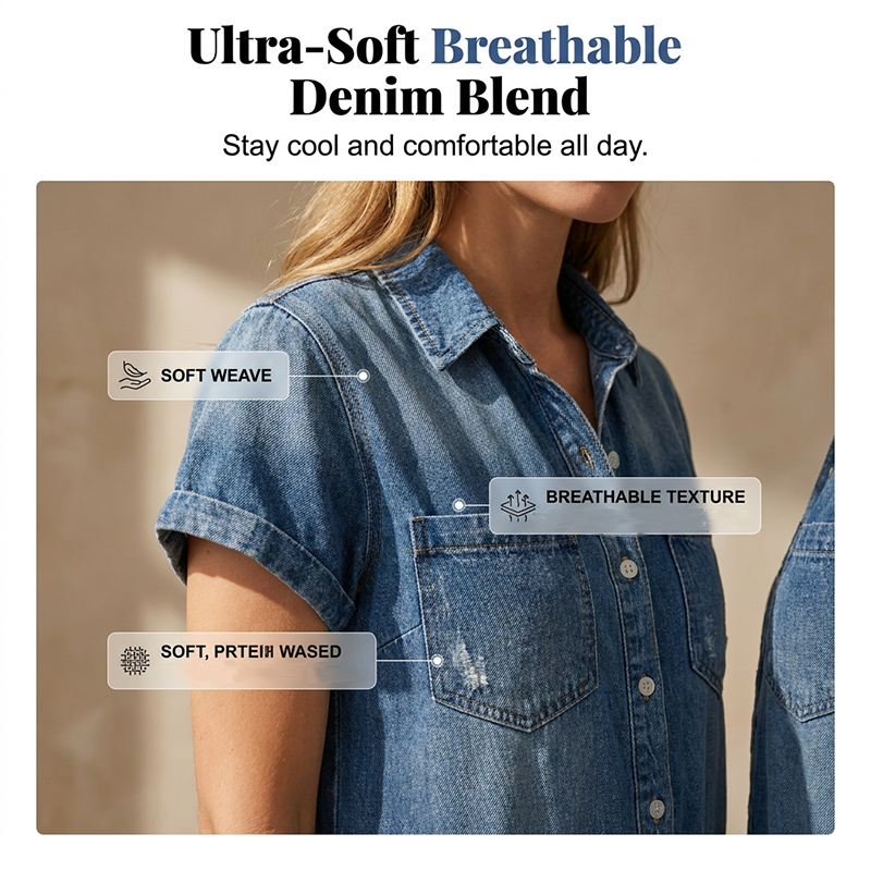 Aarenza women's casual short sleeve denim romper, stylish and comfortable, shown on a model with a relaxed fit and classic denim wash.