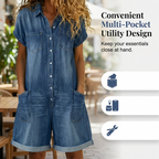 Aarenza women's casual short sleeve denim romper, stylish and comfortable, showcased on a model in a bright outdoor setting.