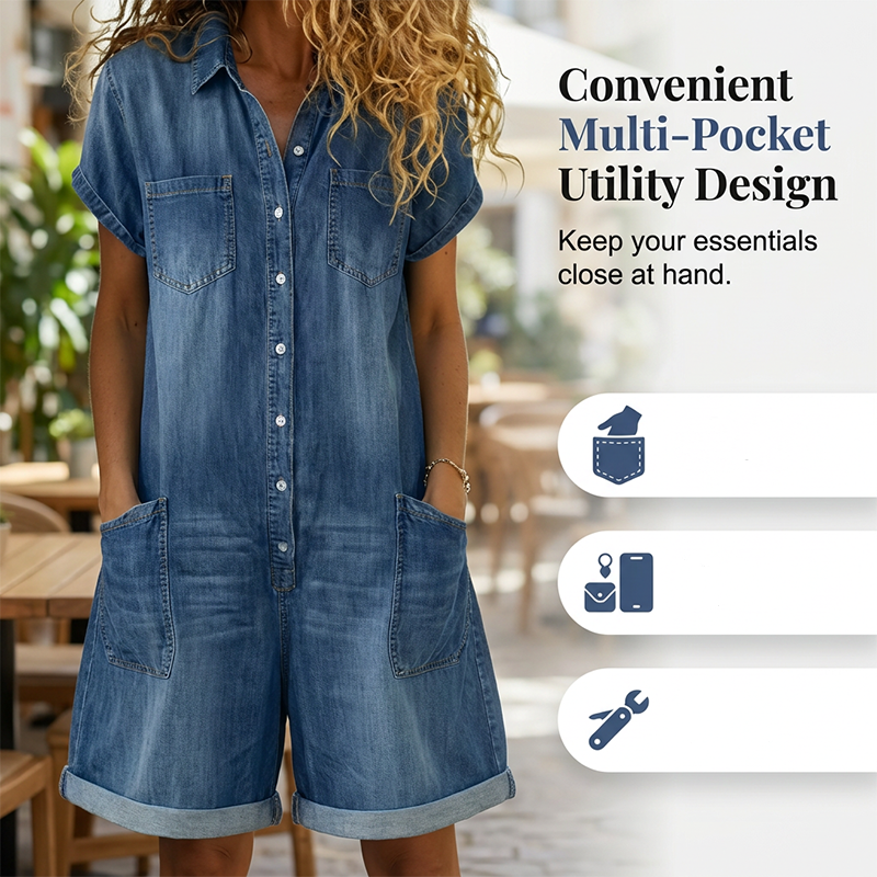 Aarenza women's casual short sleeve denim romper, stylish and comfortable, showcased on a model in a bright outdoor setting.