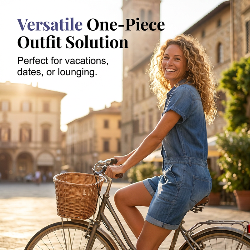 Aarenza women's casual short sleeve denim romper, stylish and comfortable, shown on a model with pockets and button details.