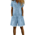 A women’s casual denim romper with short sleeves by Arenzza, displayed on a hanger, showcasing its relaxed fit and classic denim style.