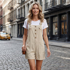 Aarenza retro solid color romper with adjustable straps, casual clothing for women, shown on a model.