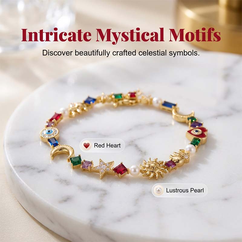 Arenzza celestial charm bracelet with star and moon designs, featuring a whimsical silver finish and a free storage box.