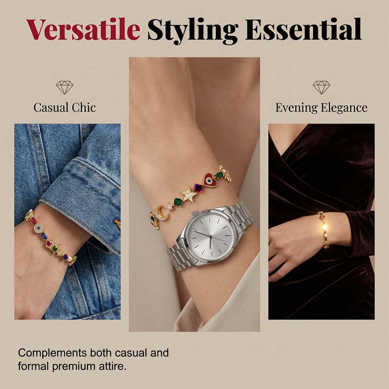 Arenzza celestial charm bracelet with star and moon designs, featuring sparkling accents and a sleek silver finish.