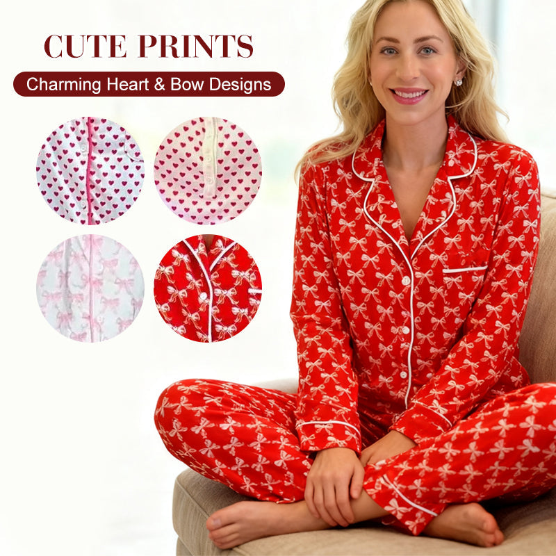 Aarenza women's Christmas pajamas set with heart print, long-sleeve button-down top and matching pants in festive red and white.