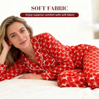 Aarenza women's Christmas Heart-Printed long-sleeve pajama set with button-down top, cozy and festive sleepwear for the holiday season.