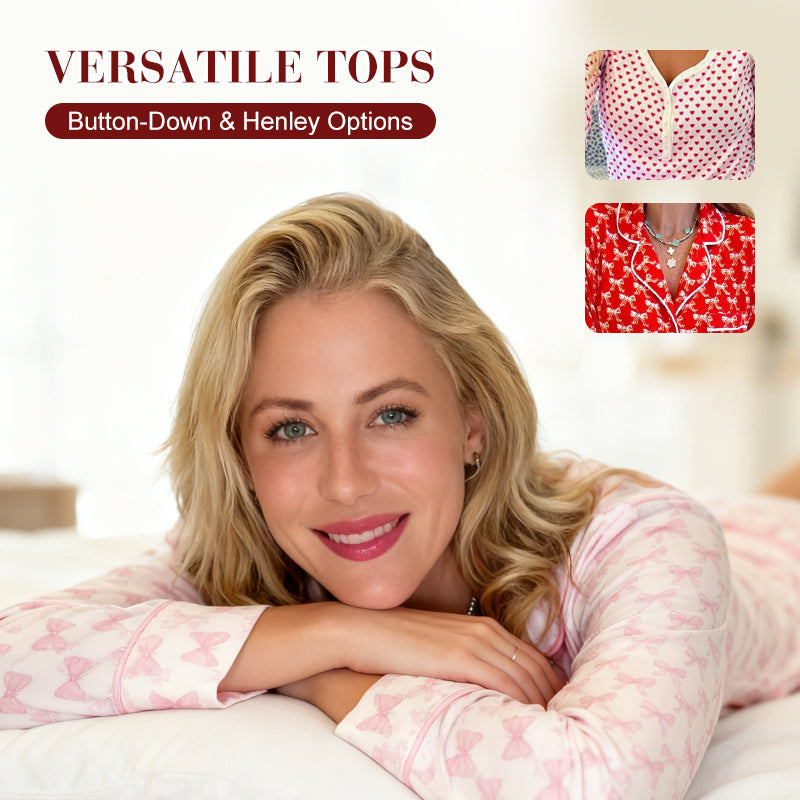 Aarenza women's Christmas heart-printed long-sleeve button-down pajama set, cozy and festive for holiday sleepwear.