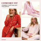 A woman wearing Arenzza Christmas-themed heart-printed button-down long-sleeve pajama set, perfect for festive cozy nights.