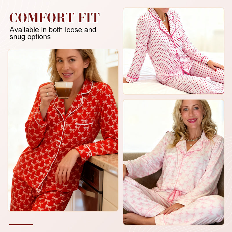 A woman wearing Arenzza Christmas-themed heart-printed button-down long-sleeve pajama set, perfect for festive cozy nights.