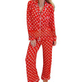 Aarenzza women's Christmas pajama set with heart print, long-sleeve button-down shirt and matching pants, cozy holiday sleepwear.