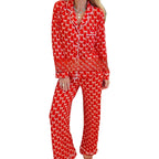 Aarenzza women's Christmas pajama set with heart print, long-sleeve button-down shirt and matching pants, cozy holiday sleepwear.