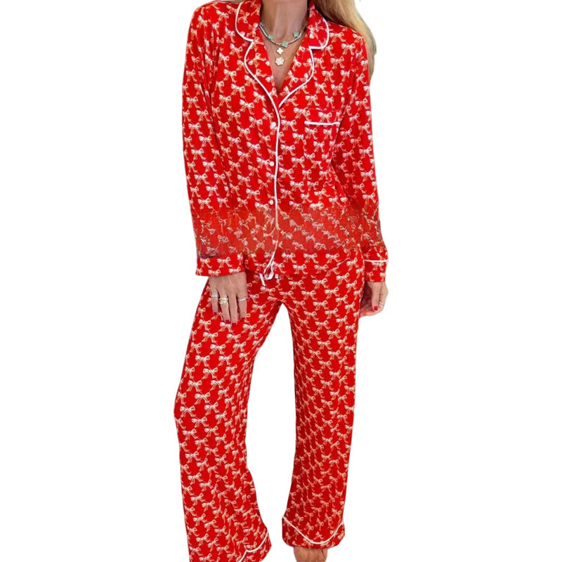 Aarenzza women's Christmas pajama set with heart print, long-sleeve button-down shirt and matching pants, cozy holiday sleepwear.