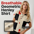 Women's colorful abstract print Henley T-shirt by Arenzza, featuring vibrant, artistic design and classic button collar detail.