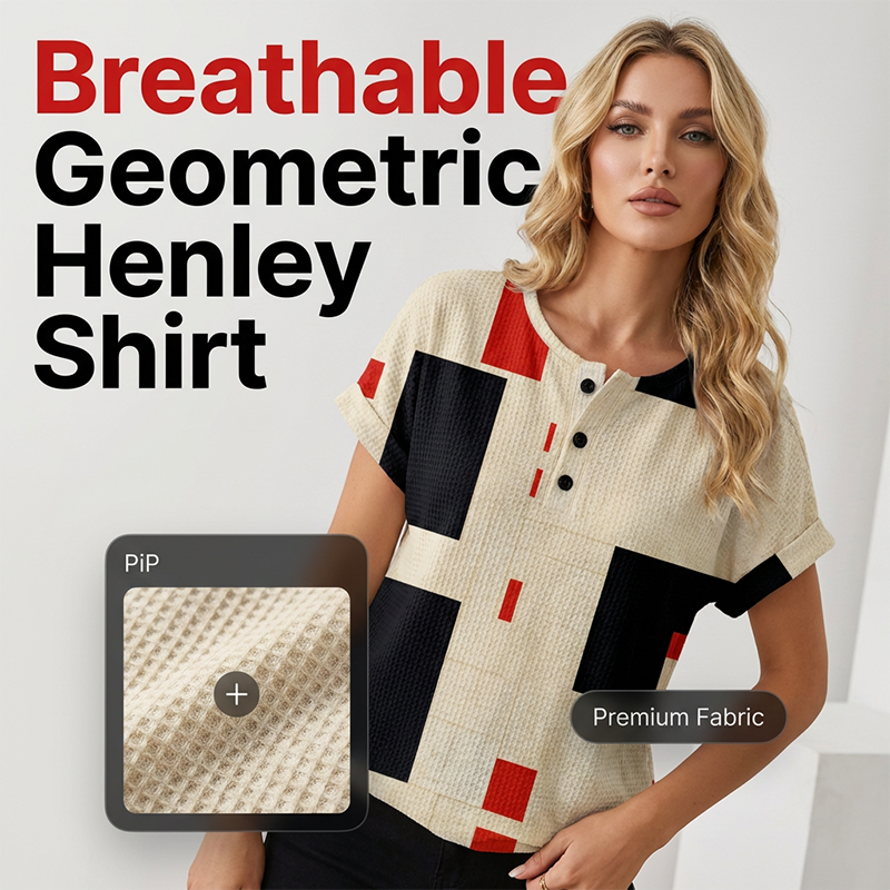 Women's colorful abstract print Henley T-shirt by Arenzza, featuring vibrant, artistic design and classic button collar detail.