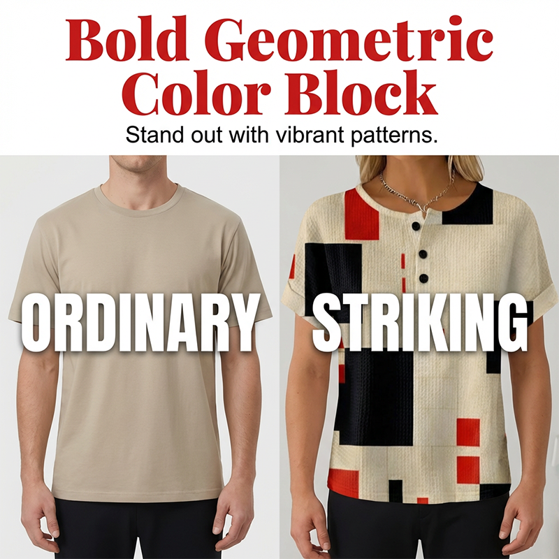 Women's colorful abstract print Henley T-shirt by Arenzza, featuring vibrant patterns and a classic button neckline.