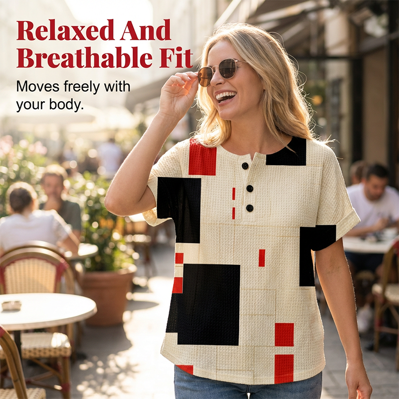 Women's colorful abstract print Henley T-shirt by Arenzza, featuring vibrant, artistic design and casual fit.