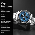 Arenzza men's military watch with analog-digital display, waterproof and shock-resistant, shown in a close-up shot.
