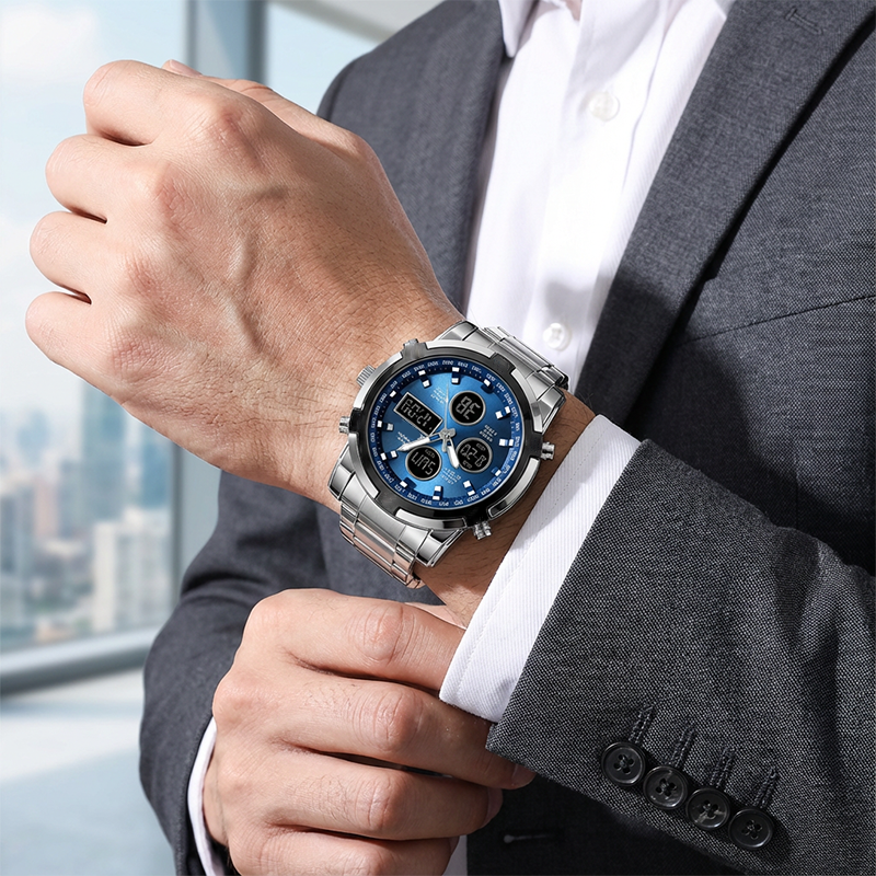 A men's Arenzza military watch with analog-digital display, waterproof and shock-resistant features, shown on a wrist.