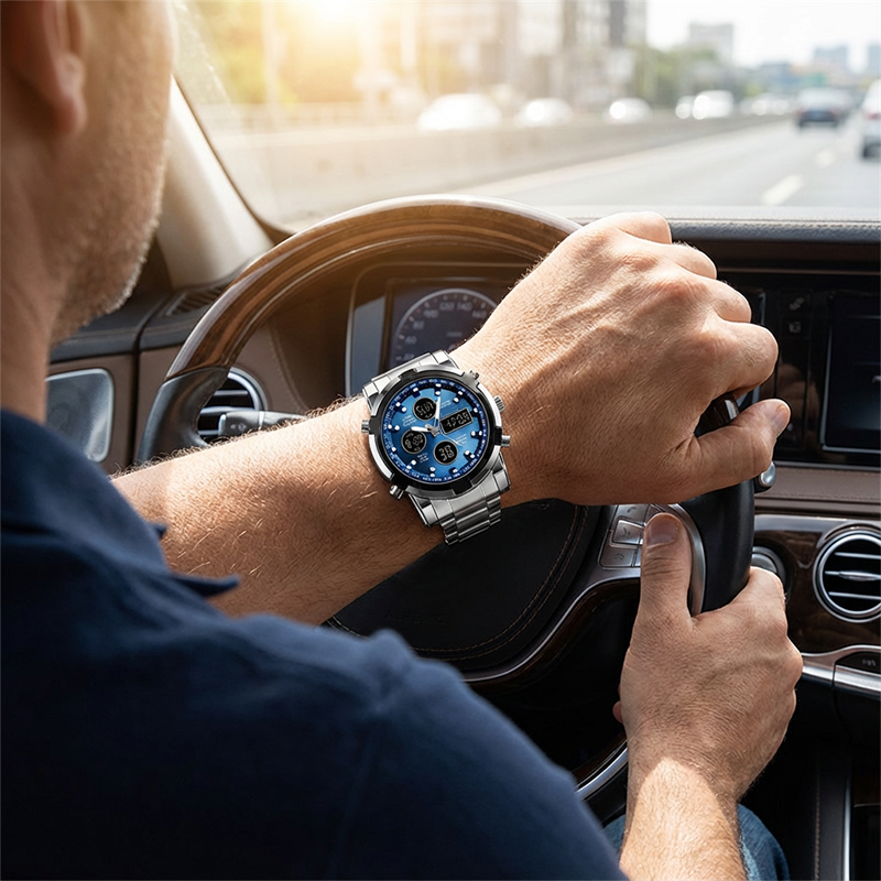 Arenzza men's military watch with an analog-digital display, waterproof and shock-resistant, featuring a rugged black strap and durable design.