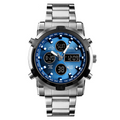 A men's military watch by Arenzza with analog-digital display, waterproof and shock-resistant, shown on a wrist.