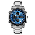 A men's military watch by Arenzza with analog-digital display, waterproof and shock-resistant, shown on a wrist.