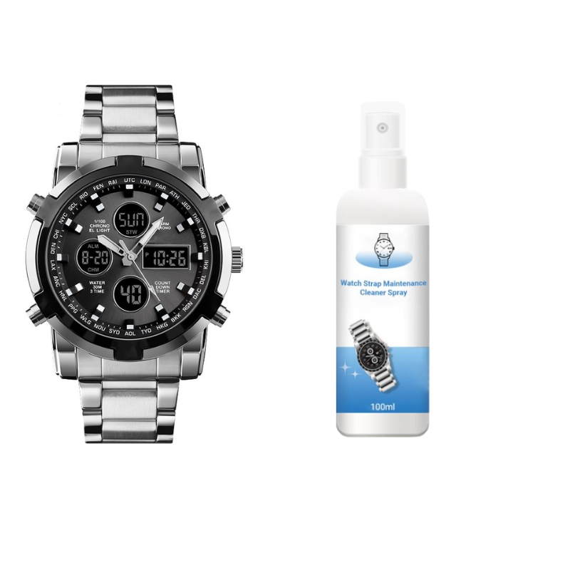 Arenzza men's military watch with analog-digital display, waterproof and shock-resistant, shown with a black strap and rugged design.