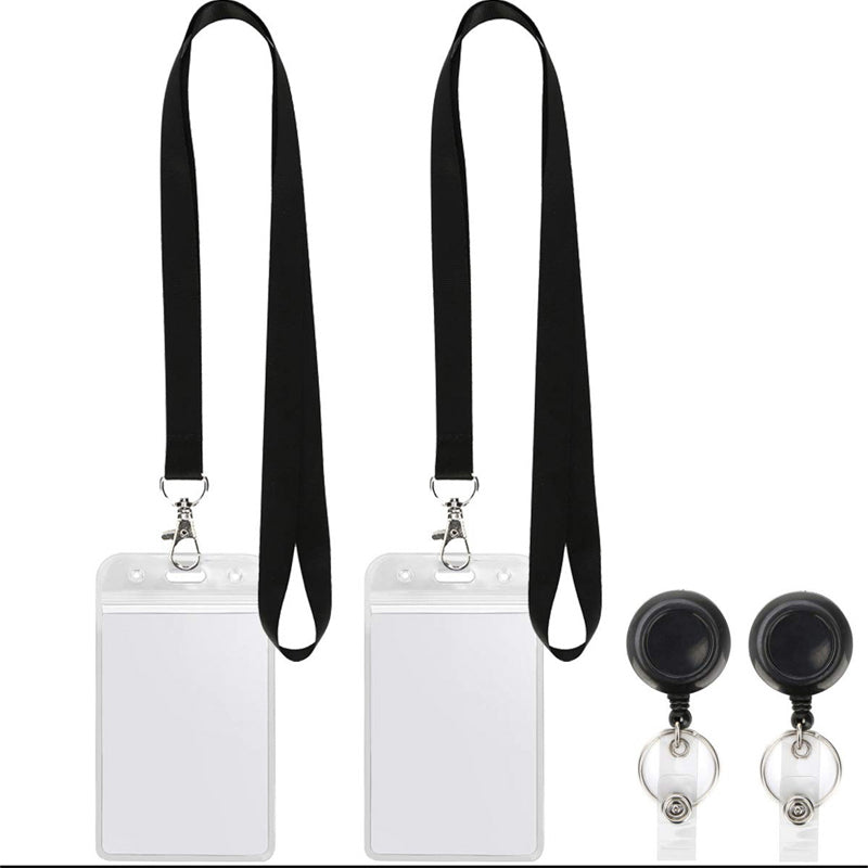 Arenzza black lanyard with waterproof ID badge holder set, featuring a sleek adjustable design and clear transparent badge window.