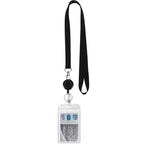 A black lanyard and waterproof ID badge holder set from Arenzza, showing the lanyard with attached badge holder on a plain background.