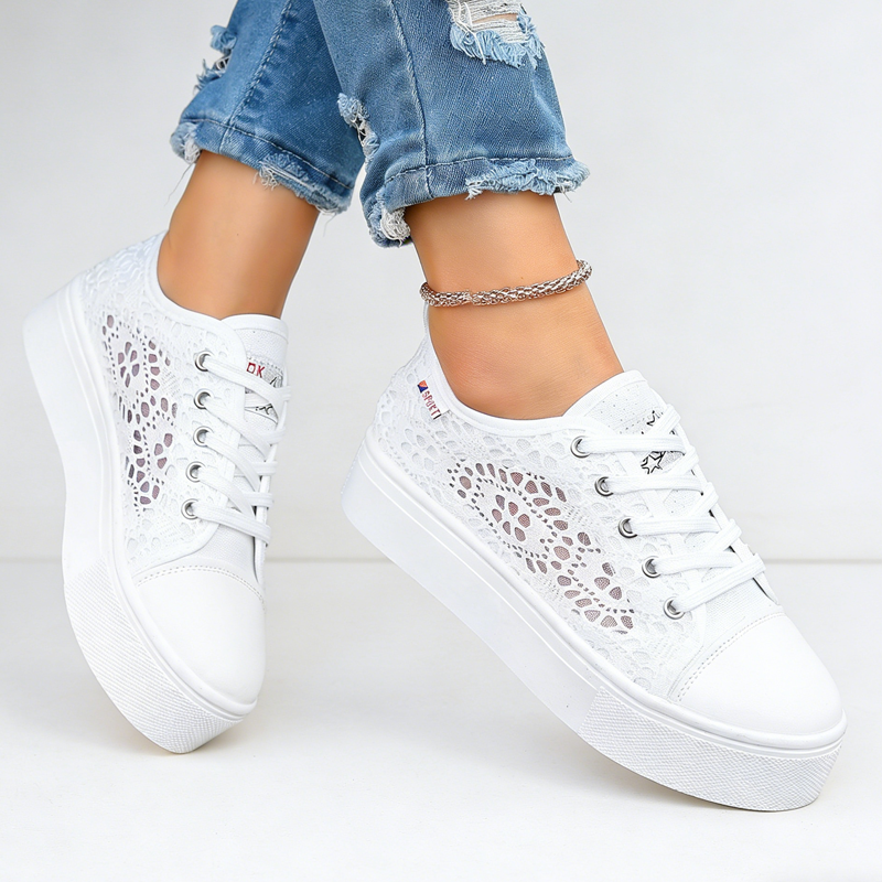 Arenzza women's breathable mesh platform sneakers with white and black design, showing the shoes from an angled side view.