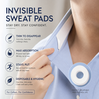 A model wearing Arenzza invisible disposable collar and cuff sweat liners, showing how they protect clothing from sweat and stains.