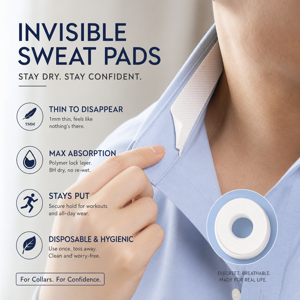 A model wearing Arenzza invisible disposable collar and cuff sweat liners, showing how they protect clothing from sweat and stains.